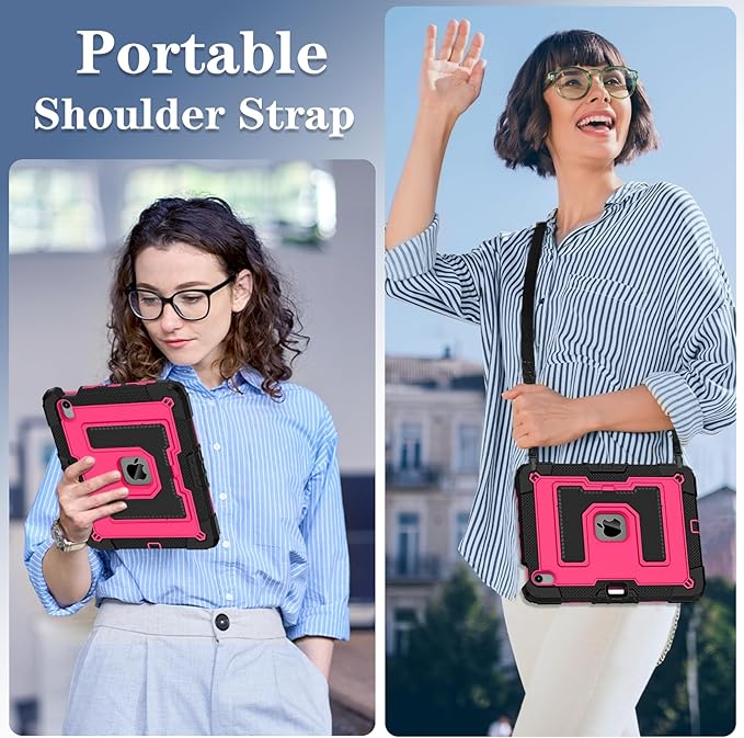 Kids Friendly Case for iPad Air 11 Inch M4 M3 M2 2026/2025/2024 Case with Pencil Holder & Shoulder Strap, Military Grade Shockproof Kickstand Hard Shell Protective Cover,Black+Rose