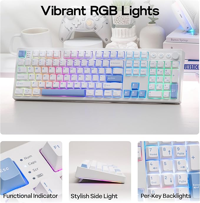 MechLands Vibe108 Full Size Mechanical Keyboard with Knob & Multimedia Buttons, Wireless Gaming Keyboard with 10000mAh Battery, RGB Backlits, 104 Keys Hot Swappable, Custom Driver (Vela Silent Switch)