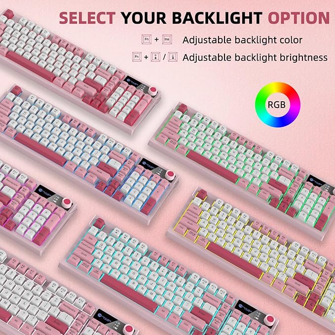 98-Key Wired Keyboard, RGB Backlit Gaming Keyboard with Volume Knob & Side Light Bar, 8 Lighting Modes & 7 Color Changes, Plug and Play USB Keyboard for PC/Mac,Laptop Pink