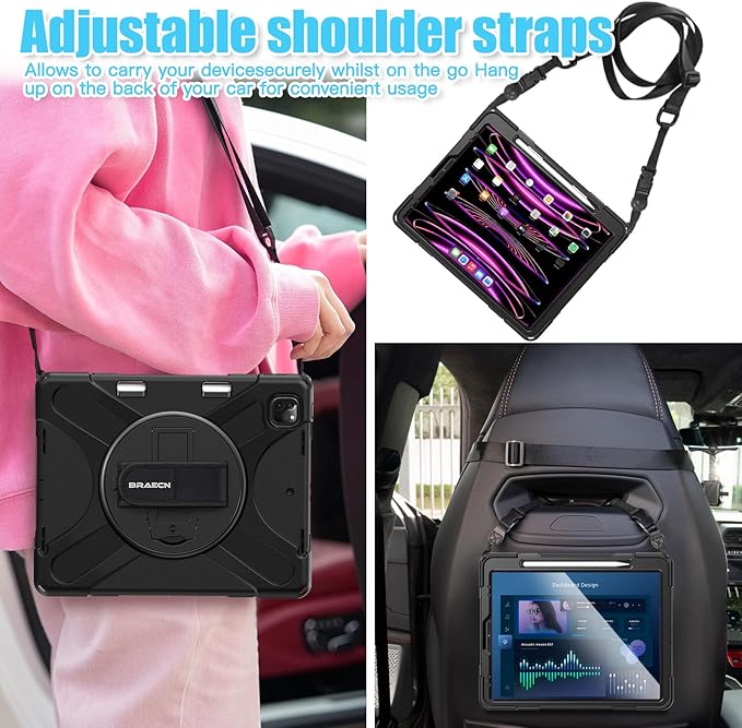 BRAECNstock for Apple iPad Air 13 inch (M4/M3/M2)/ iPad Pro 12.9 inch 6th/5th/4th/3rd Gen Case, Shockproof Protective iPad Kids Case with Pen Holder, Rotating Stand & Hand Strap, Shoulder Strap, Black