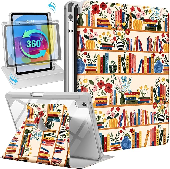 Uppuppy for iPad A16 Case for iPad 10th Generation Case 10.9 inch - 360 Degree Rotating Stand Folio Smart Cover with Pencil Holder for Women Girls, Flower Bookshelf for Apple 10th 2022/11th 2025