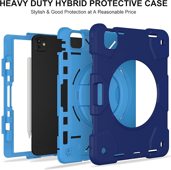 Andnary Case for iPad Pro 11 Inch M4 2024/M5 2025 Case, Heavy Duty Shockproof Cover with Screen Protector/360° Rotate Stand/Shoulder Strap/Pencil Holde (Navy+Blue, iPad Pro M4/M5 11 inch)