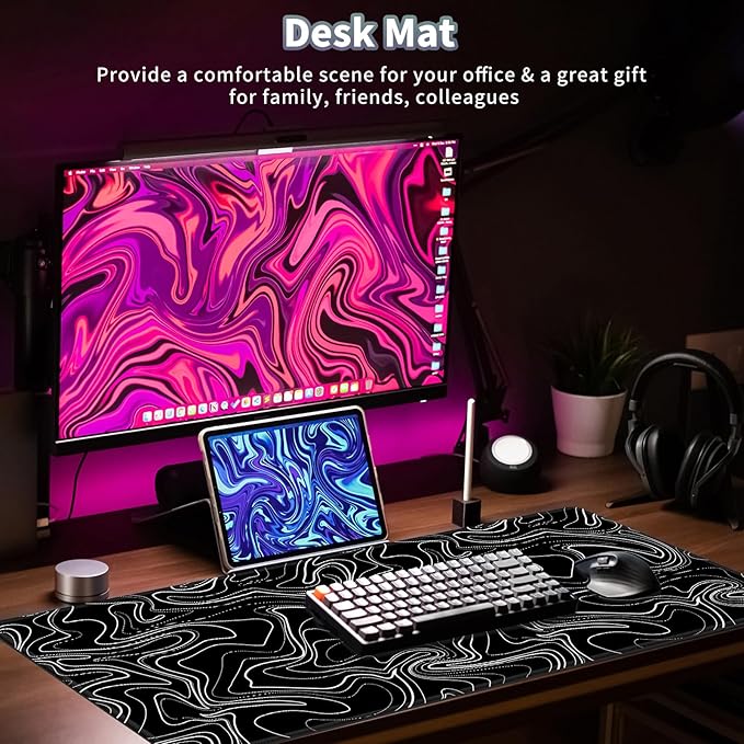 Topographic Map Large Mouse Pad, Black White Desk Pad for Keyboard and Mouse, 31.5" X 15.7" Computer Gaming Mouse Mat with Non-Slip Rubber Stitched Edge for Laptop Gamer, Black Lines Contour