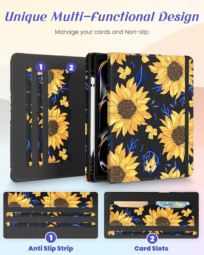 Kidcube for iPad Pro 13 Inch Case M4 2024 - Women Girls Cute Rotating Stand Folio Cover with Pencil Holder & Card Slot Girly Kawaii Sunflower Design for iPad Pro 13 Inch Case 2024 (A2925 A2926 A3007)