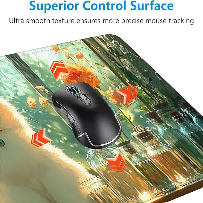 Cute Kawaii White Cat Desk Mat Green Plant Leaves Anime Extended Gaming Mouse Pad Mat with Stitched Edge Non-Slip Base Big Mouse Pad 31.5"x11.8" Office Computer Keyboard Laptop Home