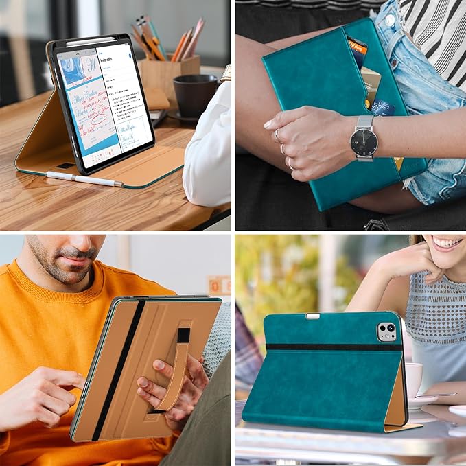 DTTO for iPad Pro 13 inch Case (M5/M4) 2025/2024, Premium Leather Business Folio Stand Cover with Pencil Holder - Auto Wake/Sleep & Multiple Viewing Angles, Built in Hand Strap & Pocket, Teal