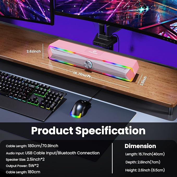 Tylubio Computer Speakers for Pc Desktop with Clear Sound, Flowing LED PC Speaker for Computer Desktop Laptop Monitor, Bluetooth & USB Input - Pink