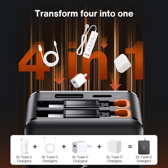 4-in-1 Retractable GaN 45W Wall Charger Plug for iPhone 17, Travel Essentials Brick Multiport Dual 31.5" Cables (USB C+Lightning) Adapter Fast Charging Block for iPhone 17/16/15/14/13/12,MacBook Neo