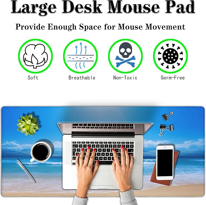 Desktop Mouse Pad Blue Full Desk Mat Large Mouse Pads Desktop Mats Large Mouse Mat Non-Slip Rubber Base Waterproof with Stitched Edges 35.4" X 15.7" for Game Office, Sea Water and Beach