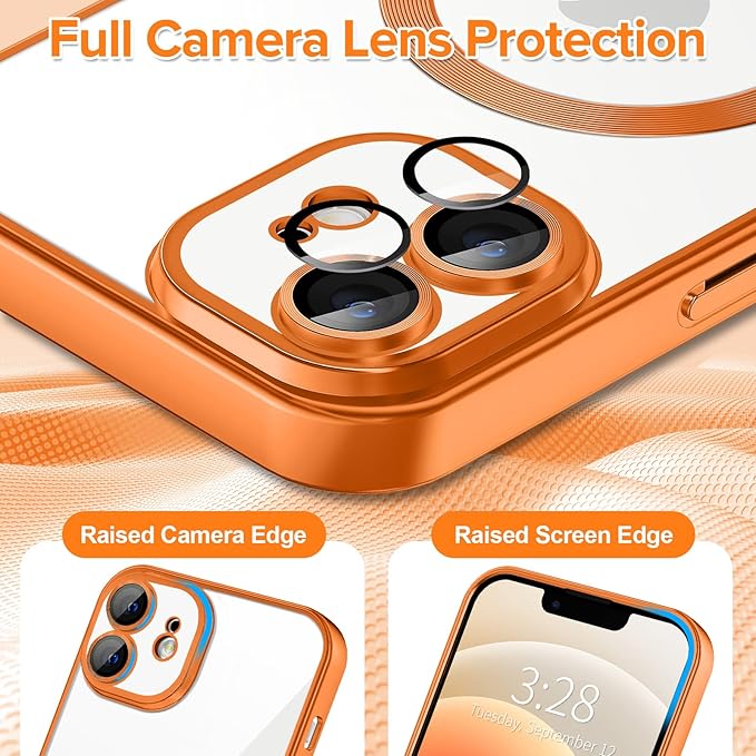 Hython Magnetic Clear for iPhone 12 Case with Camera Lens Protector [Compatible with MagSafe] Luxury Plating Edge Slim Soft TPU Cover Protective Phone Case for iPhone 12 6.1", Matte Orange
