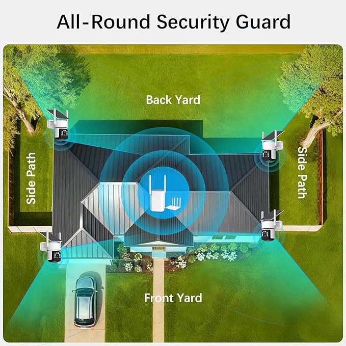 Solar Security Cameras Wireless Outdoor,4 Cam-Kit,Solar-Powered,No Subscription,Home Security Cameras System with 4MP Color Night Vision,Auto Tracking,Spotlight & Siren,64GB Memory Card,2.4 & 5G WiFi