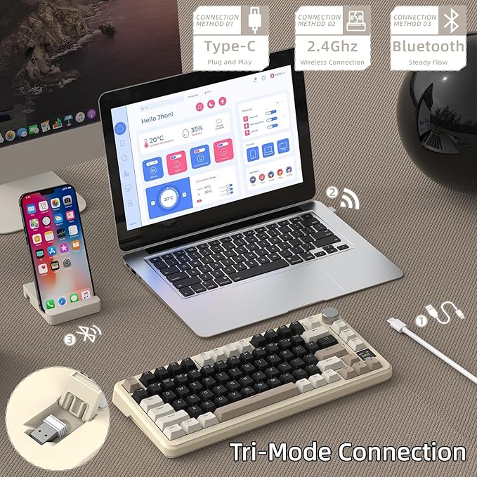 MAGIC-REFINER ATTACK SHARK X85PRO 75% Wireless Mechanical keyboard,TFT Smart Display&Knob,BT/2.4GHz/Wired Custom Gaming Keyboard,Gasket,Hot-Swap,RGB,with Pro Cable&5 Color PBT Keycaps,for PC/MAC,Cream