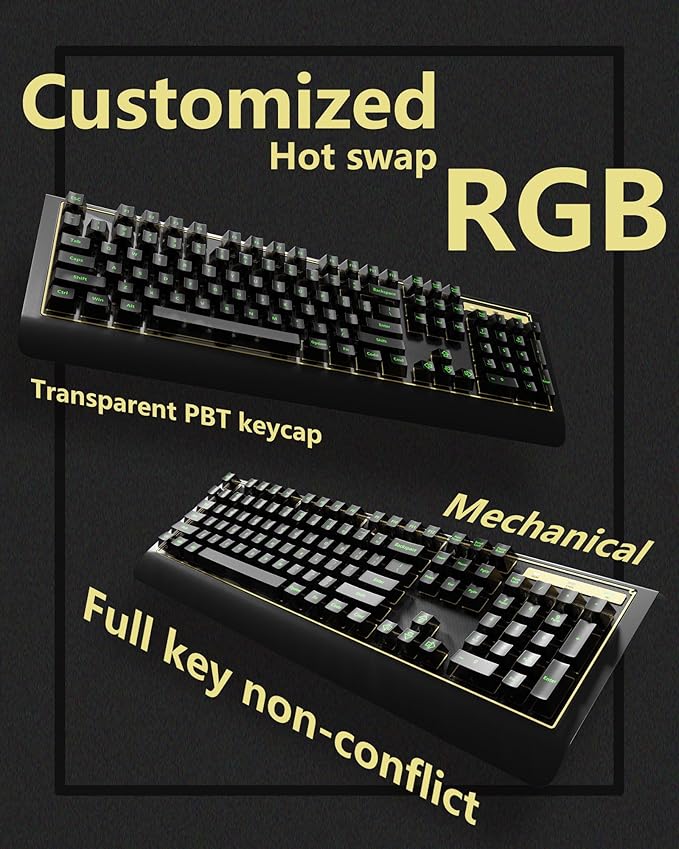 104-key Full-Size Gaming Mechanical Keyboard, Transparent keycap RGB Backlight, Salt ice switches, hot-swappable feet, no Conflict in All Keys, Supports USB-C/Bluetooth/Wireless 2.4G