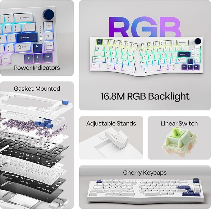 MechLands Feker Alice80 68 Keys Ergonomic Mechanical Keyboard, QMK & VIA Programmable, Wired Gaming Keyboard with Creamy Gasket, Hot Swappable, 5 Layer Paddings, NKRO, RGB for Win/Mac (White)