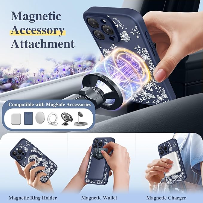 GVIEWIN for iPhone 16 Pro Max Case Compatible with MagSafe, [Military Grade Protection] [Screen Protector] Full Camera Protection Floral Translucent Women Magnetic Phone Case, Tuberose/Blue