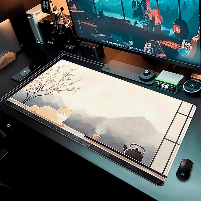 Japan Zen Desk Pad Extended Mouse Mat Cute Shiba Desk Mat, Large Anime Gaming Mouse Pad Full Desktop Keyboard Mat, Kawaii Computer Mat XXL, Japanese-Style Desk Decor for Office Home 31.5x15.7 Inch