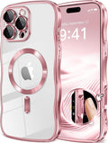 GVIEWIN for iPhone 16 Pro Max Case Compatible with MagSafe, Upgraded [Full Camera Protection][Cute Wave Frame][Military Grade Protection] Electroplated Soft Phone Cover for Women Girl, Clear/Pink