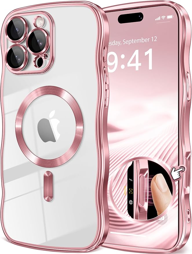 GVIEWIN for iPhone 16 Pro Max Case Compatible with MagSafe, Upgraded [Full Camera Protection][Cute Wave Frame][Military Grade Protection] Electroplated Soft Phone Cover for Women Girl, Clear/Pink