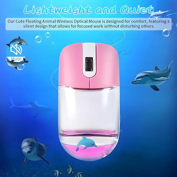 Wireless Mouse -Cute Clear Aqua Design, Water Mouse with Optical Precision, Silent Clicks, Lightweight & Floating Animal Transparent Retro Style for Home Office, Great for Kids & Adult(Dolphin-Pink)