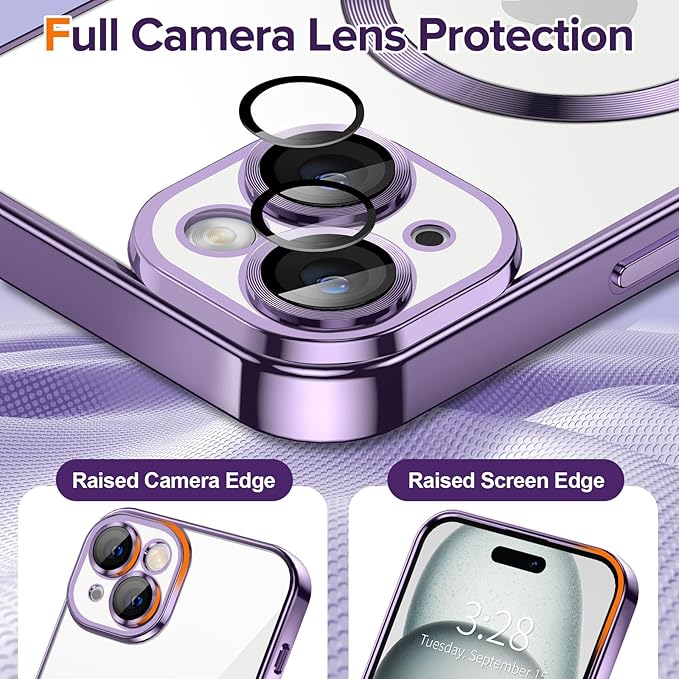 Hython Magnetic Clear for iPhone 15 Case with Camera Lens Protector [Compatible with MagSafe] Luxury Plating Edge Slim Soft TPU Cover Protective Phone Case for iPhone 15 6.1", Deep Purple