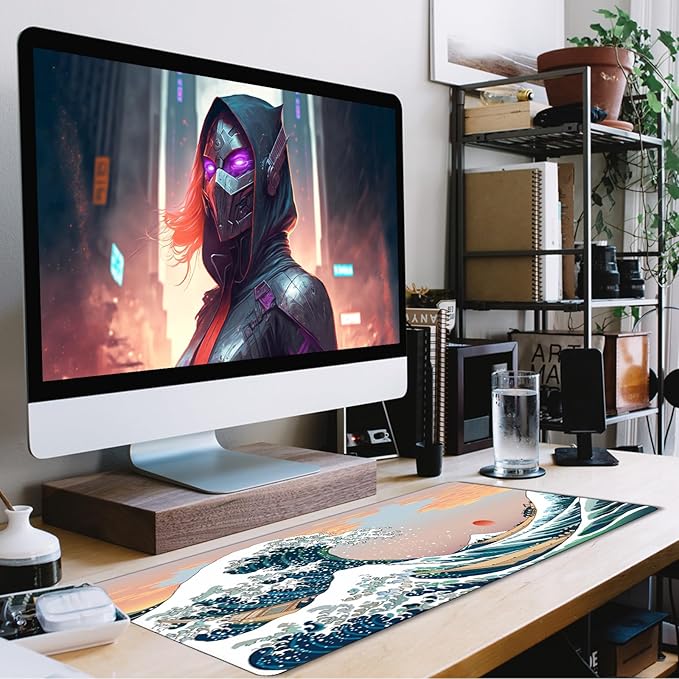 Japanese Large Gaming Mouse Pad with Extended Stitched Edges, (31.5X15.7In) Durable Non-Slip Natural Rubber Base, Waterproof Computer Pad for Esports Pros/Gamer/Office/Home, Sunset Sea