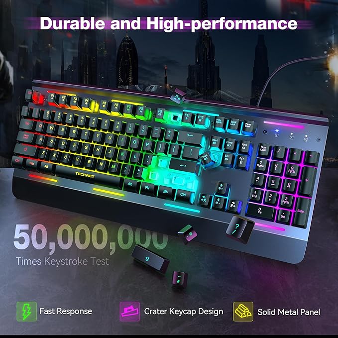 TECKNET Gaming Keyboard, 15-Zone RGB Illumination, All-Metal Panel Keyboard, IP32 Waterproof, 25 Anti-Ghosting, Quiet Typing, USB Wired Ergonomic Keyboard for Windows XP/Vista/7/8/10/11