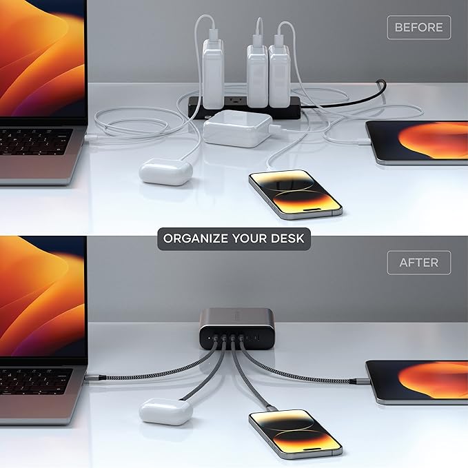 Satechi 200W 6-Port GaN Charging Station, 2 140W USB-C and 4 USB-C, Fast Charging Travel Charger for Multiple Devices, for MacBook Air/Pro/Neo, iPad Air/Pro, iPhone 17, Thunderbolt Devices