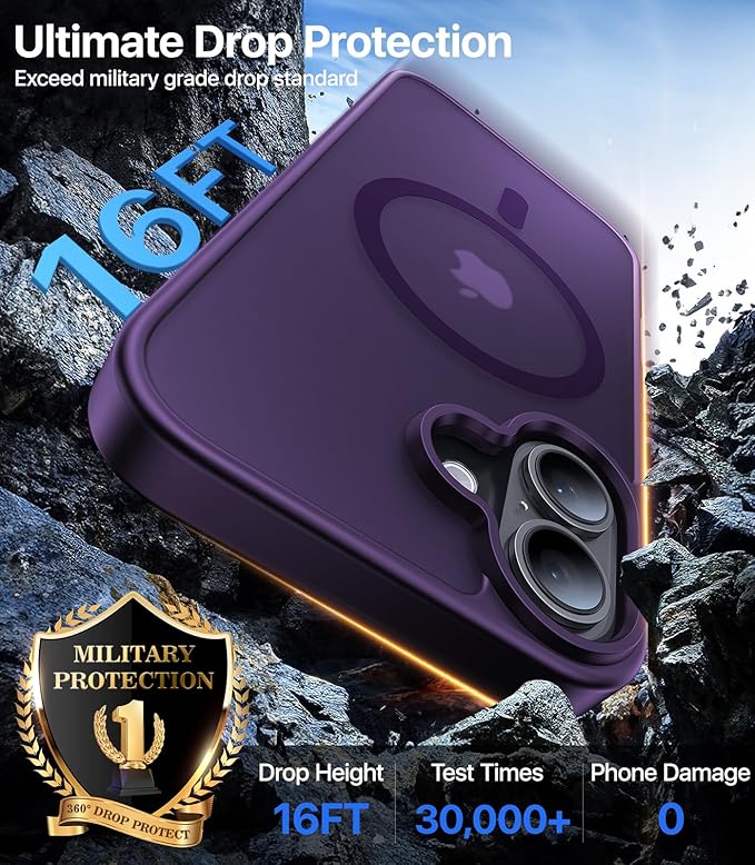 Magnetic for iPhone 16 Case, [Compatible with MagSafe][Military-Grade Drop Protection][Anti-Yellowing] Shockproof Protective Translucent Matte Cover for iPhone 16 Phone Case,Deep Purple