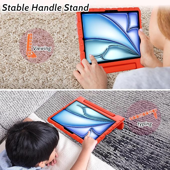 Dteck Kids Case for iPad Air 11" M2 2024, iPad Pro 11" Case 2024, Lightweight Shockproof Rugged EVA Kids Friendly Handle Kickstand Child Proof Protective Case with Pencil Holder, Red