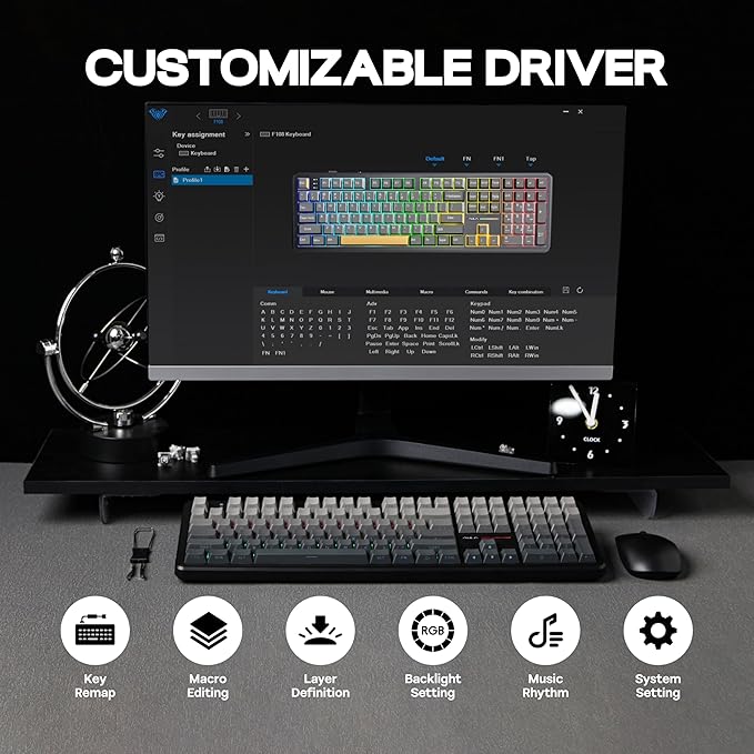 MechLands Aula F108 100% Wireless Gaming Keyboard, Full Size Custom Gasket Mechanical Keyboard, 4000mAh Battery, Programmable 108 Keys, Hot-Swappable, for Win/Mac (Black Gradient)