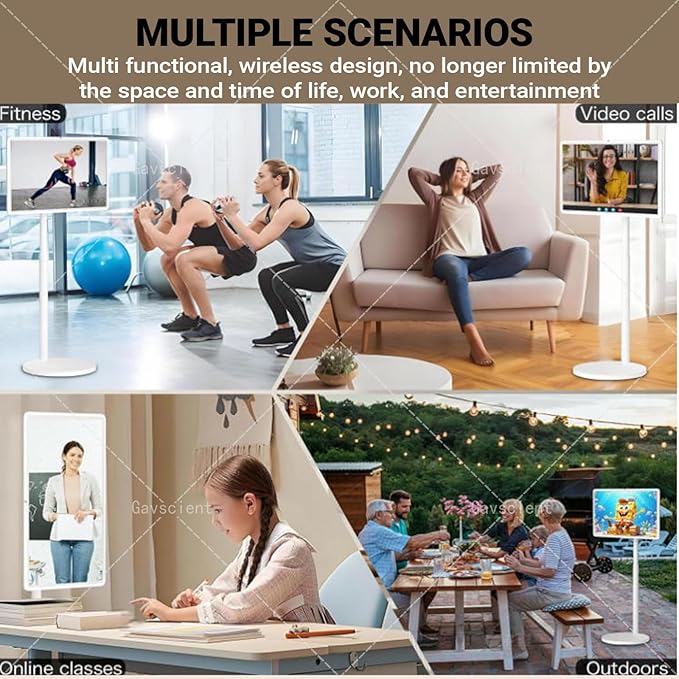 Smart Screen Portable TV On Wheels, 4K Touch Screen Monitor with Android 12 OS, Full Swivel Rotation, Wireless Mirroring, Dual Speakers & FHD IPS Large Display for Versatile Use 21.5-4/128