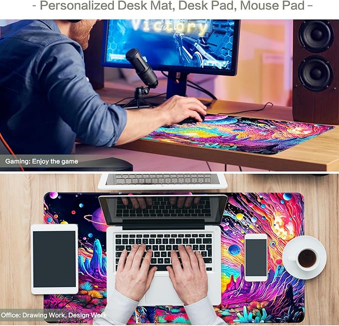 Cyberpunk Astronaut Mouse Pad Desk Mat Fantasy Planet Space Large Gaming Mouse Pad Anime Desk Pad Mousepad XXXL Extended Keyboard Mat Futuristic Cosmic Adventure Mouse Mat, Waterproof, 35.4 x 15.7 in