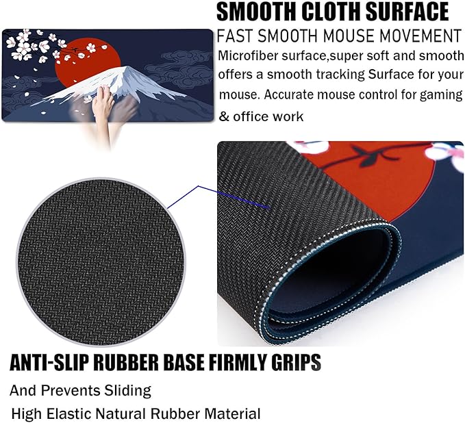 Japanese Mt Fuji Gaming Pad, Large Mouse Pad for Gamer, Durable 31.5"x15.7" Extended Mousepad with Stitched Edges, Waterproof Non-Slip Base Long XXL Large Mouse Pad for Home Office Work