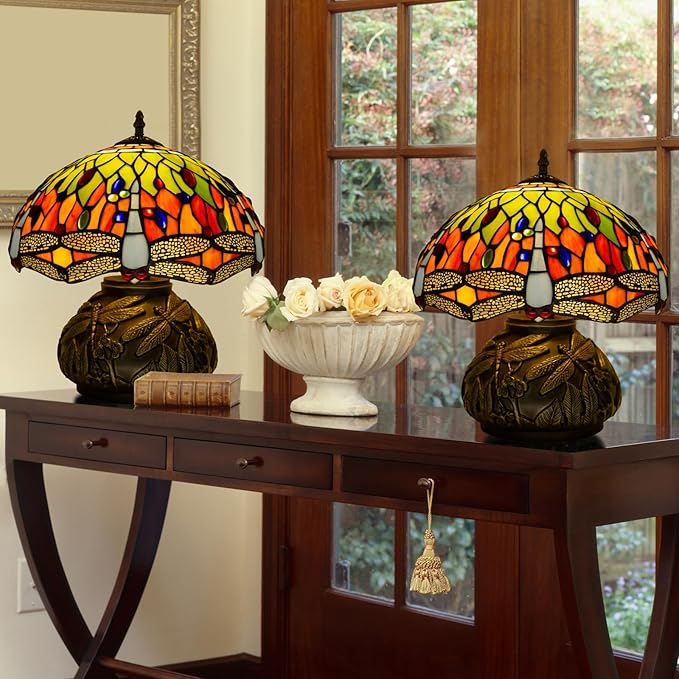 Tiffany Style Table Lamp Dragonfly, Small Stained Glass Lamp For Bedside, Bedroom, Nightstand, Living Room, 12 Inch Mini Vintage Mushroom Desk Lights Included E26 LED with Remote Control