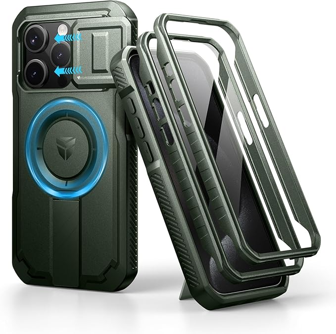 Dexnor for iPhone 15 Pro Case with Slide Camera Cover & Adjustable Kickstand & Built-in Screen Protector, Magnetic Rugged Shockproof Bumper Cases Heavy-Duty Magnetic Protective Cover,Army Green
