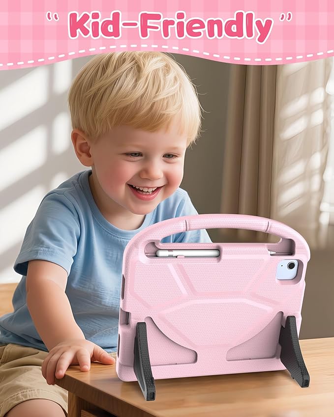 Kids Case for iPad A16 11th Gen 11-Inch 2025 & iPad 10th Generation (10.9" 2022), Durable Shockproof Fully-Body Cover with Screen Protector/Pencil Holder/Stand/Handle for Kids, Light Pink