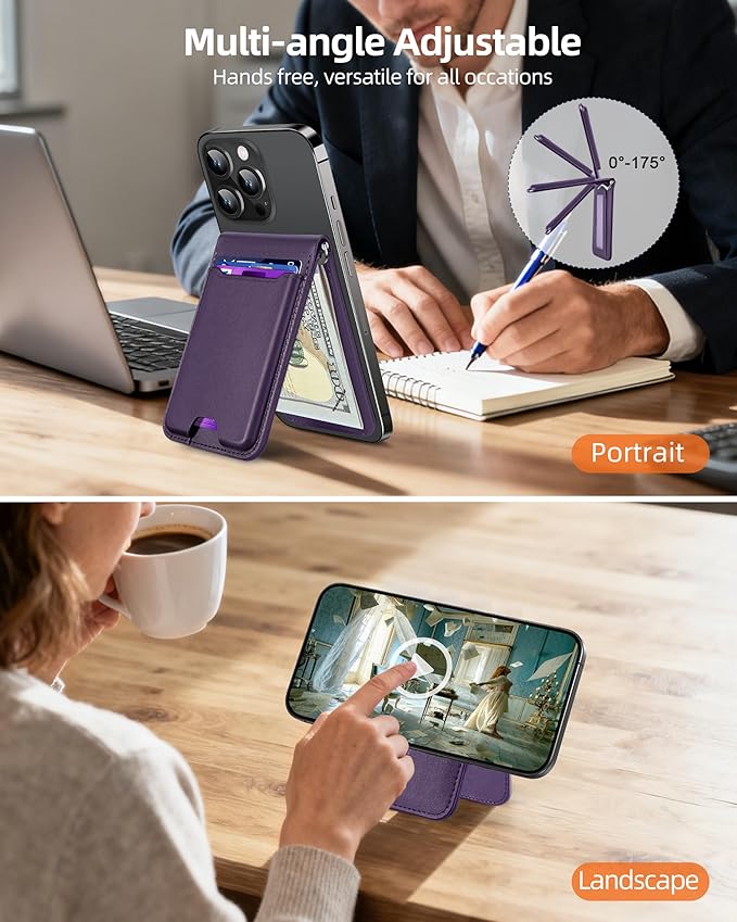For Magsafe Wallet with Money Clip, Strongest Magnetic Wallet for iPhone 17/16/15/14/13/12 Series, Adjustable Stand, ID Window, 5 Card Holder, RFID Blocking, Not for 13/12 Mini, Elegant Purple