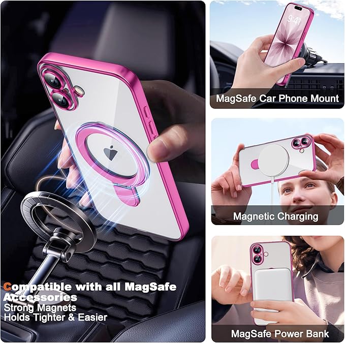 Compatible with iPhone 17 Case with Invisible Magnetic Ring Stand [Compatible with Mag-Safe] [Full Camera Lens Protector] Plating Clear Phone Case for iPhone 17 6.3", Rose