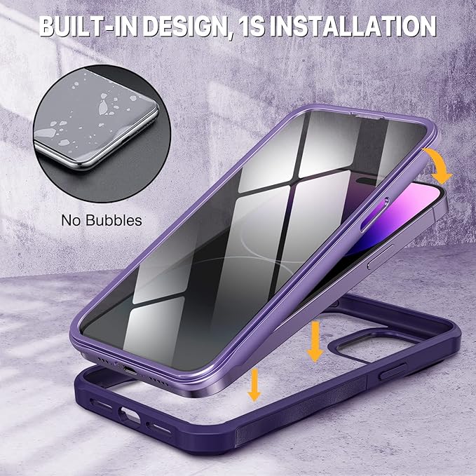 CENHUFO Privacy for iPhone 14 Pro Max Case, Full Body Phone Case with Built-in 9H Tempered Glass Privacy Screen Protector and Camera Lens Protector, Anti Peep Shockproof Bumper Cover - Deep Purple