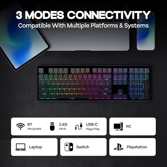 MechLands EPOMAKER TH108 Full Size Mechanical Keyboard, Wireless Gaming Keyboard, 8000mAh Battery, Creamy Gasket, 108 Keys, Hot Swap, Custom Driver, RGB Backlights (Black, Sea Salt Silent Switch)
