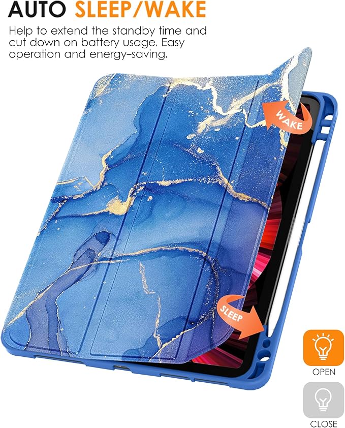 DTTO for iPad Pro 11 inch 4th/3rd/2nd/1st Generation 2022/2021/2020/2018 Case, Smart Slim Trifold Stand Soft TPU Back Cover with Built-in Pencil Holder, Also Fit iPad Air 5/4,Ocean Marble