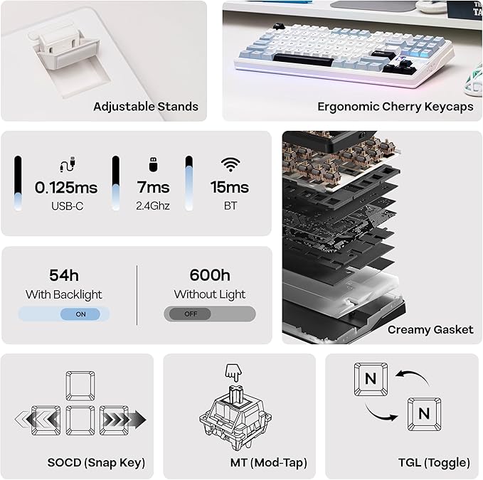 MechLands Aula F87 PRO V2 Wireless Gaming Keyboard with 10000mAh Battery, 8K Polling, SOCD/MT/TGL, BT/2.4GHz/Wired, Hot Swap TKL Mechanical Keyboard with Creamy Gasket, RGB Backlit (White Blue)