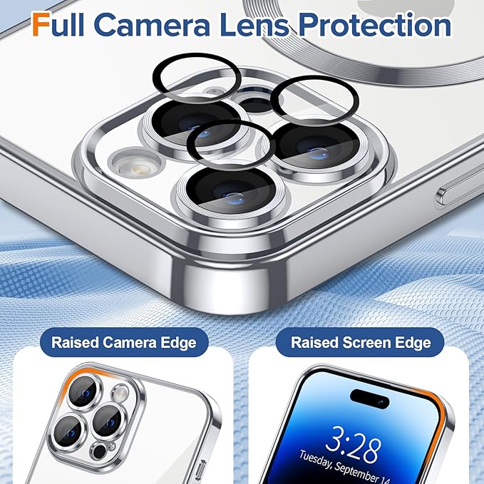 Hython Magnetic Clear for iPhone 14 Pro Case with Camera Lens Protector [Compatible with MagSafe] Luxury Plating Edge Slim Soft TPU Cover Protective Phone Case for iPhone 14 Pro 6.1", Silver