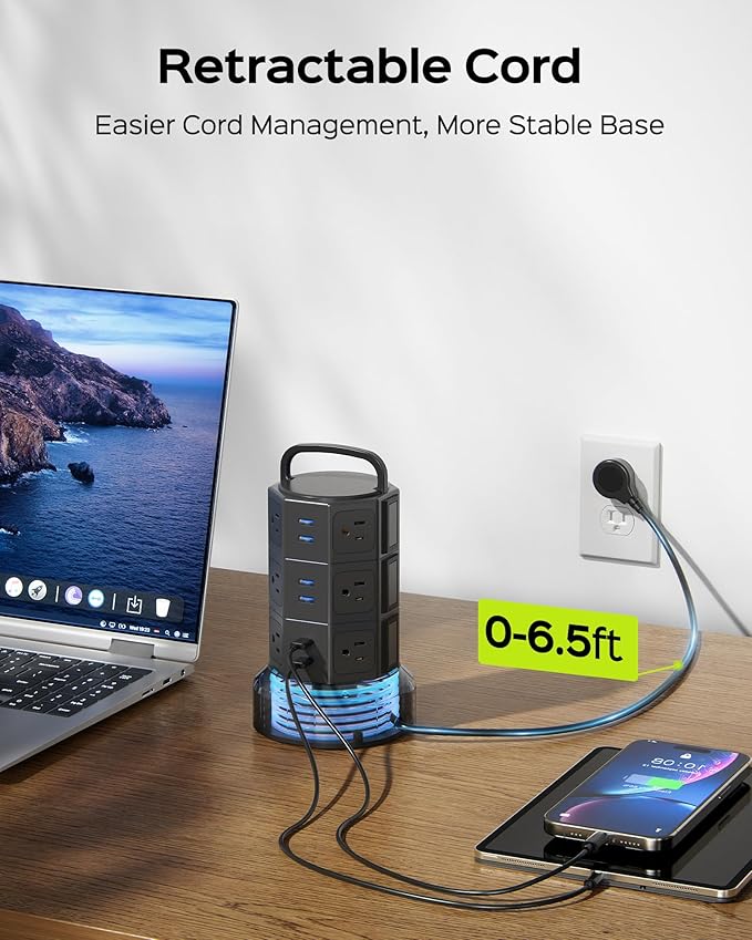 Power Strip Tower Surge Protector, JACKYLED 1625W 13A Outlet Surge Electric Tower, 12 Outlets 6 USB Ports Charging Station with 16AWG 6.5ft Heavy Duty Extension Cord for Home Office Dorm Black