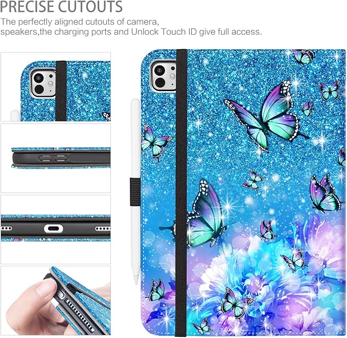 iPad Pro 13 inch Case (M5)2025, Case for iPad Pro 13-inch (M4) 2024 with Pencil Holder Multi-Angle View Adjustable Stand Shockproof Protective with Pocket/Hand Strap/Auto Wake Sleep,Flowers Butterfly