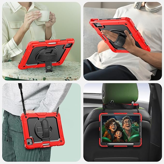 SEYMAC Case for iPad Air 5th/4th Generation 10.9 Inch, Full-Body Heavy Duty Protective Case with Rotating Stand, Screen Protector and Hand/Shoulder Strap for Air 5/ Air 4, Red