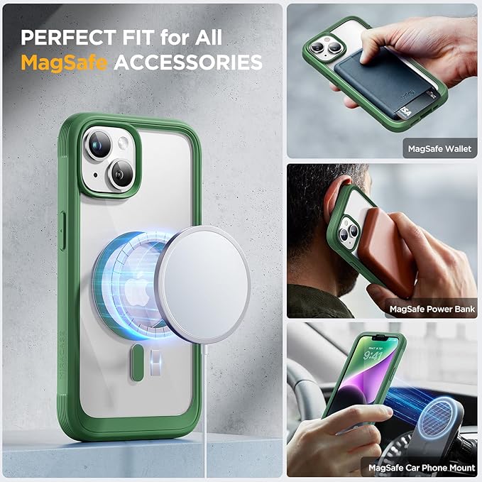 Miracase Glass Series Designed for iPhone 14 Plus Case 6.7 inch, 2023 Upgrade Full-Body Magnetic Clear Case with Built-in 9H Tempered Glass Screen Protector,Compatible with MagSafe,Green