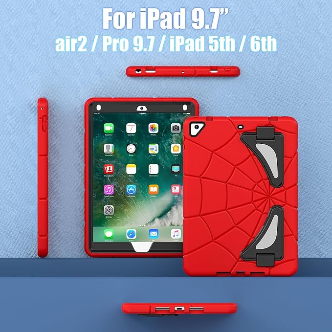 AKABEILA Compatible with Apple iPad 9.7 5th/6th(2017/2018)/iPad Air 2/iPad Pro 9.7 Tablet Case，Lightweight Shockproof Rugged Protective Cover with Kickstand for Kids Children Boys Babies Red Black