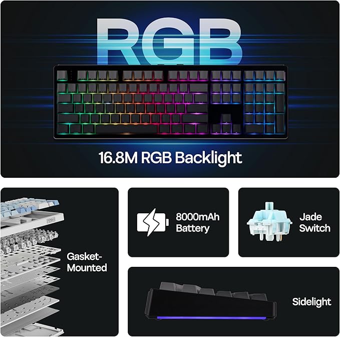 MechLands EPOMAKER TH108 Full Size Mechanical Keyboard, Wireless Gaming Keyboard, 8000mAh Battery, Creamy Gasket, 108 Keys, Hot Swap, Custom Driver, RGB Backlights (Black, Creamy Jade Switch)