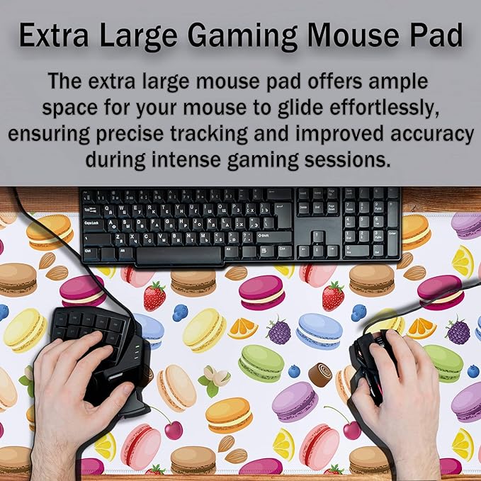 XXL Mousepad Macarons Gaming Mousepads Computer Desk Accessories for Women Keyboard Pads Ga Mouse Pad Non-Slip Rubber Base 35.4 X 15.7 for Game Office, Cake and Various Fruits